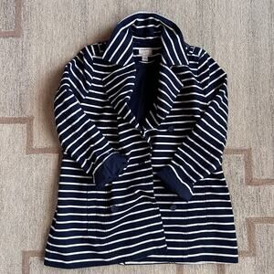 Navy White Striped Trench Jacket Nautical Coastal French Girl Preppy LOFT L